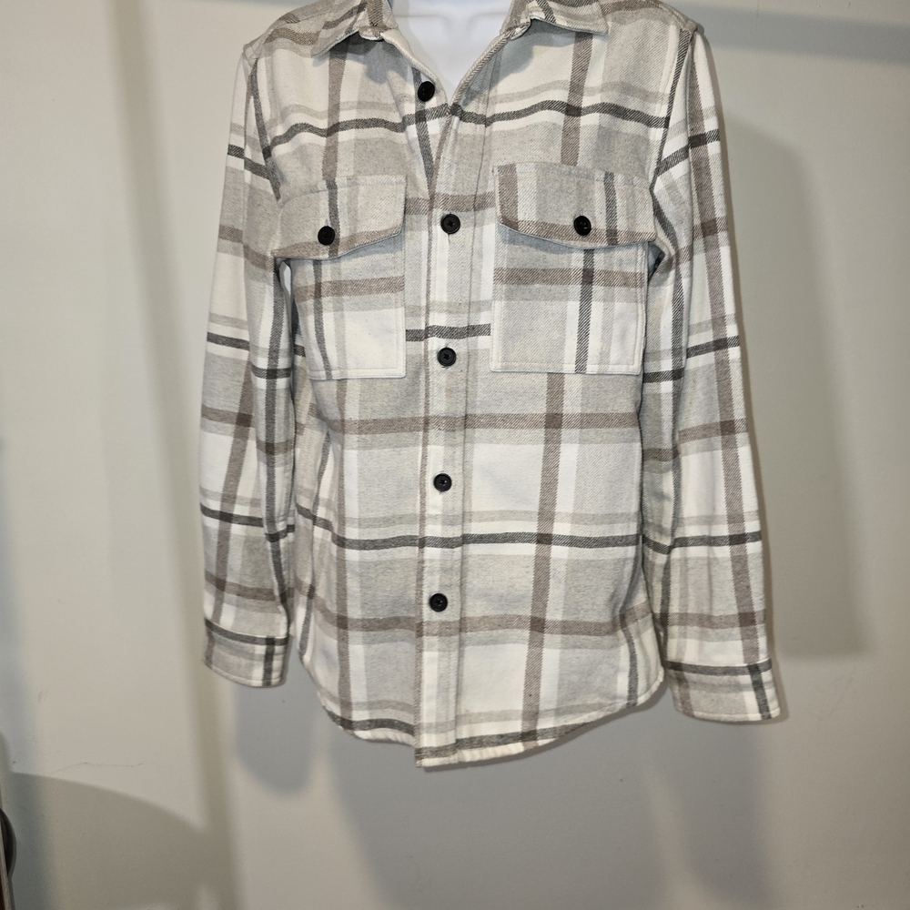 H&M Men's Plaid Shirt Jacket - White and Brown